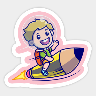 Cute Boy Riding Pencil Rocket Cartoon Sticker